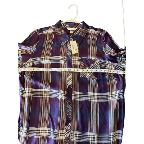 New With Tags! CJ Banks purple navy brown plaid button up, Women’s XL casual - Picture 5 of 8